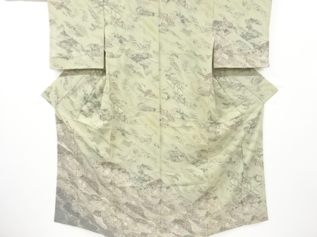 JAPANESE KIMONO / VINTAGE HOMONGI / SILK / SHIKISHI & TEMPLE & FLORAL PLANTS PATTERN